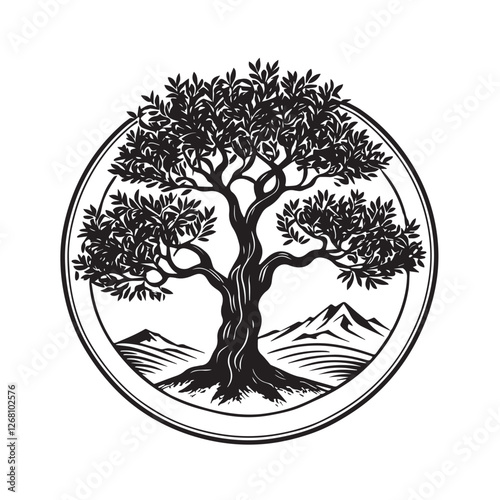 Olive oil logo or label design contains big olive tree and vintage frame