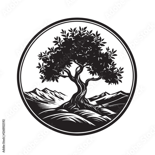 Olive oil logo or label design contains big olive tree and vintage frame