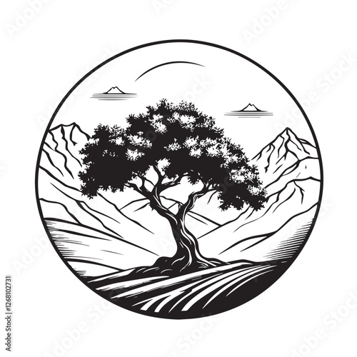 Olive oil logo or label design contains big olive tree and vintage frame