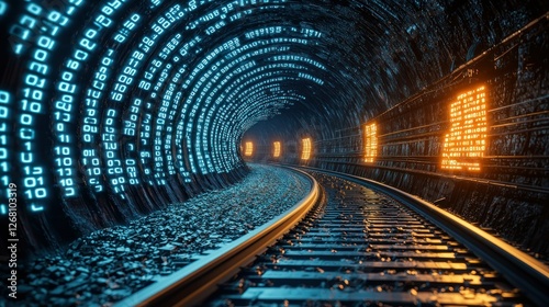 Futuristic tunnel railway tracks with binary code, digital data