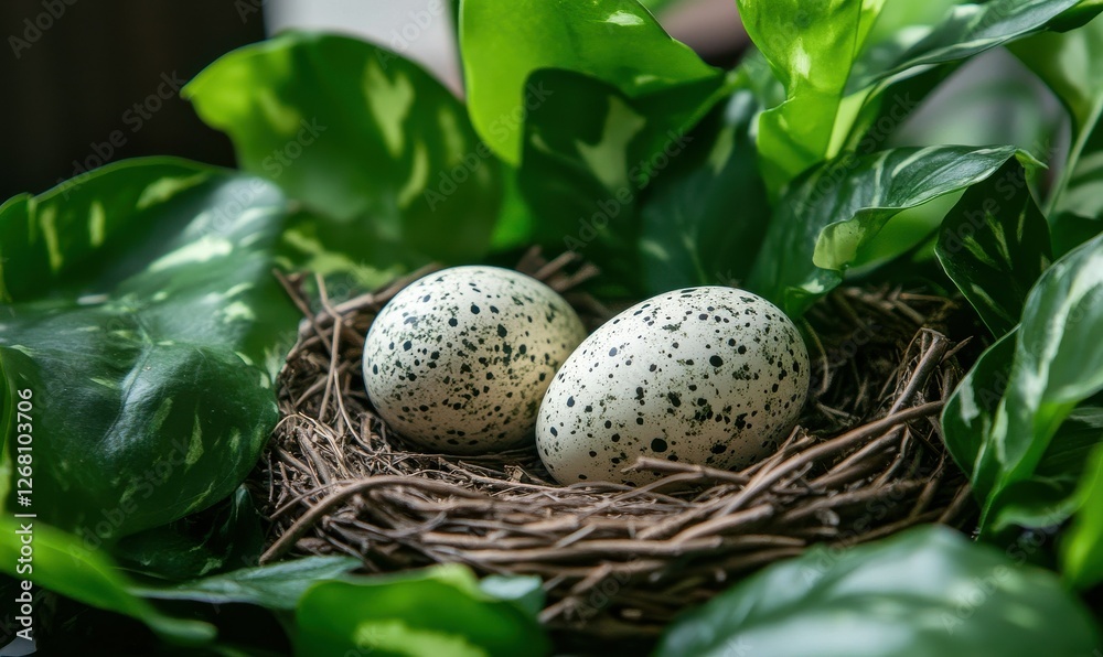 Nest containing two speckled eggs surrounded by lush green leaves in a tranquil outdoor setting during daylight Nest containing two speckled eggs surrounded by lush green leaves in a tranquil outdoor setting during daylight