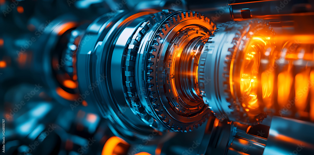 Obraz premium Precision Engineering: Close-up of intricate gears and cogs in a powerful industrial machine, bathed in warm, orange light. The image captures the complex workings of modern technology.