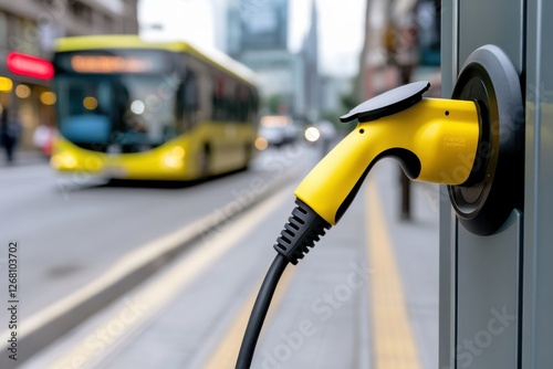 Yellow electric vehicle charger, blurred yellow bus in the background, charging station on a city street. photo