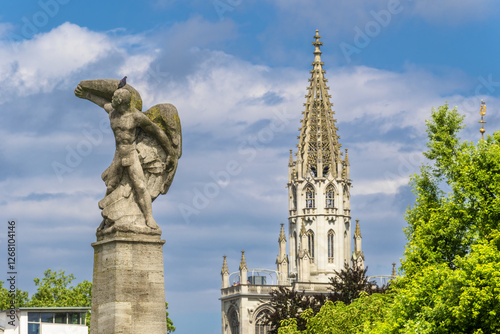 monument to the glory of Ferdinand von Zeppelin and detail of the tower Konstanz Minster or Konstanz Cathedral ..in Konstanz Constance, Germany