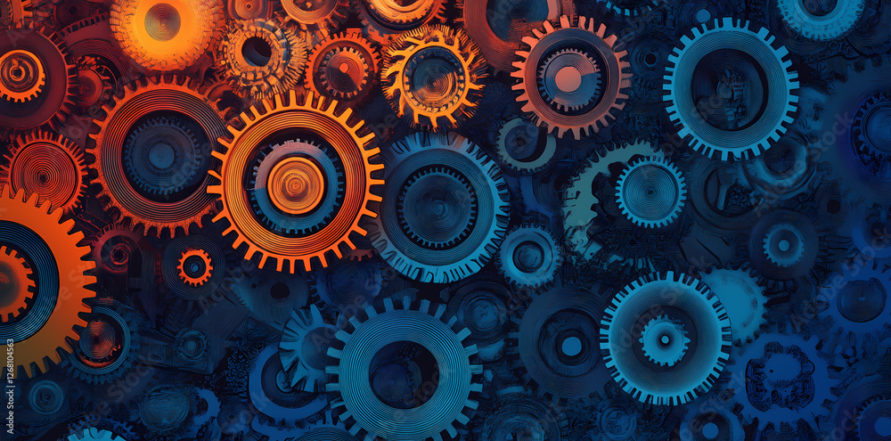 Interlocking Gears: A close-up, abstract image of gears in blue and orange tones, seamlessly interlocked in a complex, rhythmic pattern. Interlocking Gears: A close-up, abstract image of gears in blue and orange tones, seamlessly interlocked in a complex, rhythmic pattern.