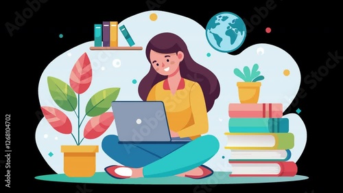 woman studying with laptop and lots of books 4k animation