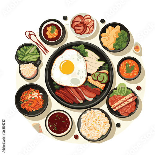 food, tasty, asian, delicious, cuisine, korean food, traditional, meal, vegetable, korean, dinner, lunch, bowl, restaurant, spicy, kimchi, healthy, dish, background, cooking, illustration, hot, rice, 