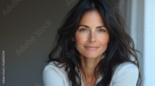 A woman with long, dark hair smiles warmly, exuding confidence and warmth.
