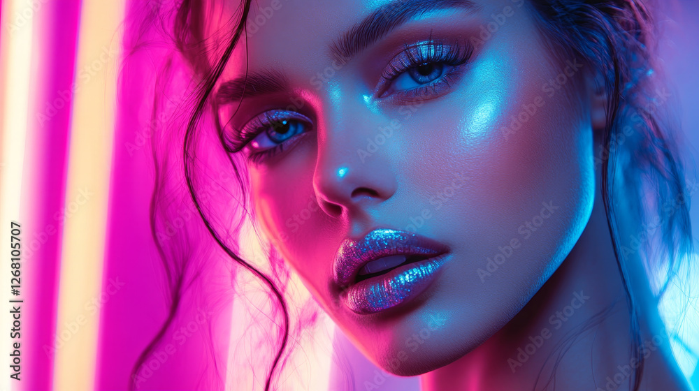 Obraz premium Abstract Neon Portrait of Woman with Glitter Makeup