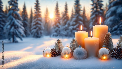 christmas decorations with candles on a snowy background winter forest landscape