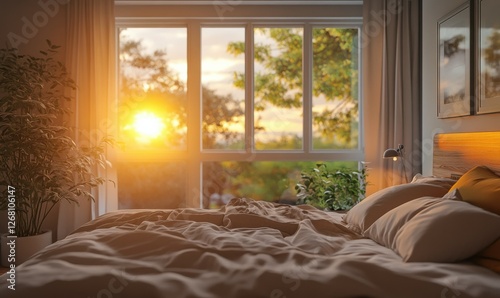 Wallpaper Mural Cozy bedroom with beige bedding, a wooden headboard, and large windows offering a sunrise view. Torontodigital.ca