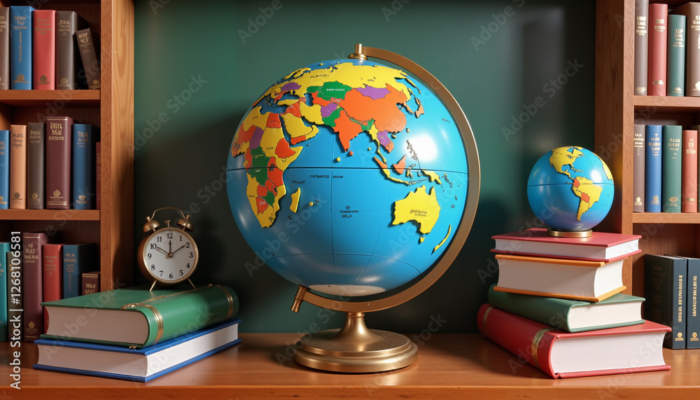 Vibrant globe on wooden shelf with books and clock, educational concept Vibrant globe on wooden shelf with books and clock, educational concept