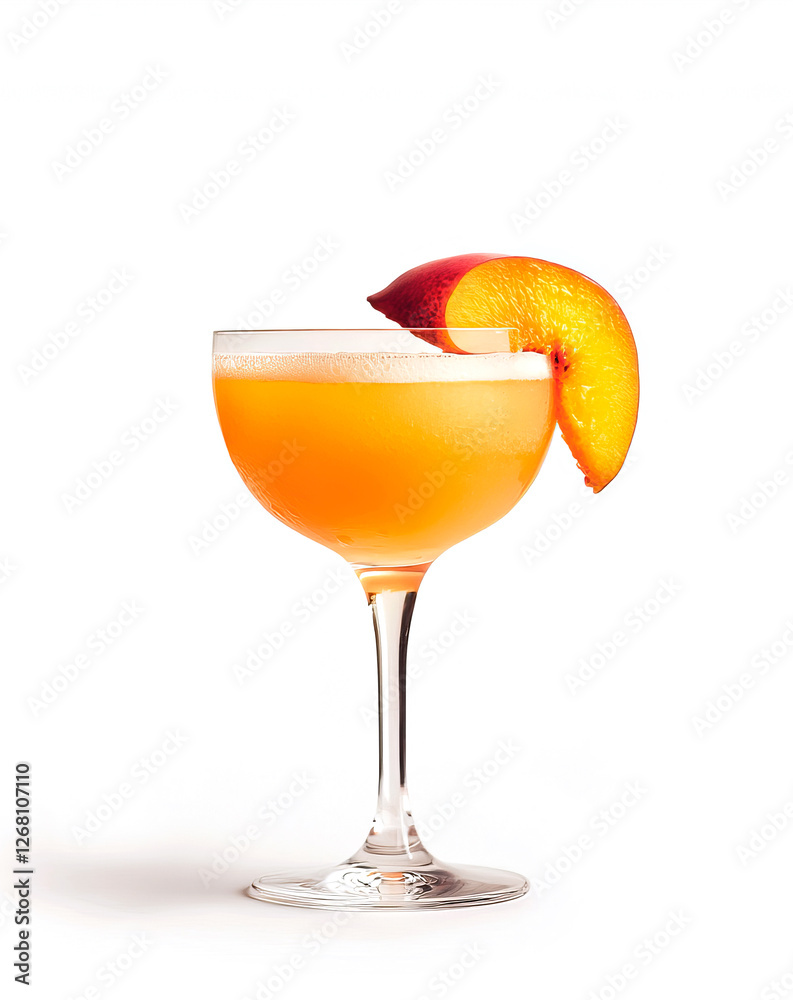 Summer classic bellini cocktail with prosecco and juicy peach on white background. Summer alcoholic drinks, bar menu. Summer classic bellini cocktail with prosecco and juicy peach on white background. Summer alcoholic drinks, bar menu.
