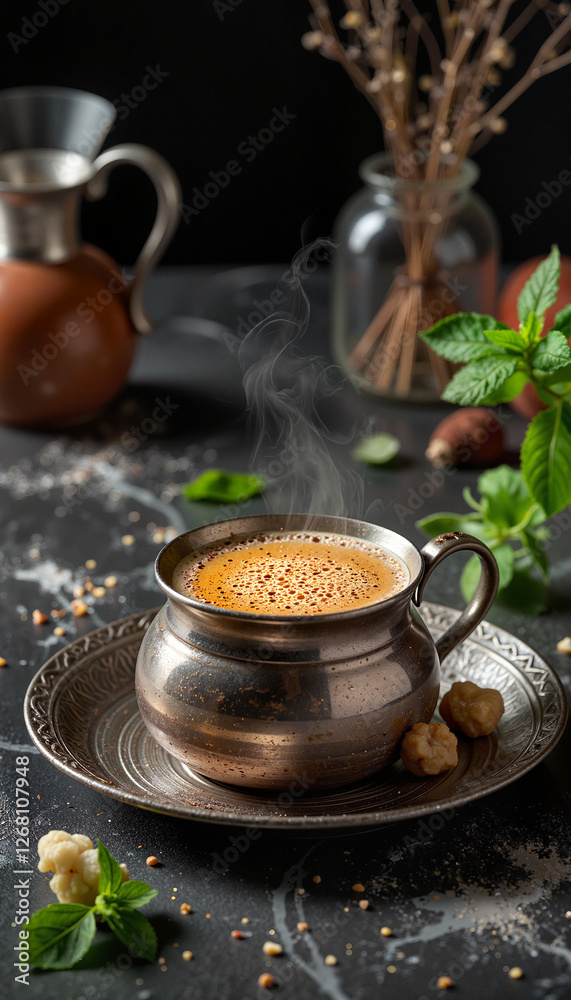 Steam rising from Moroccan mint tea in silver pot, culinary delight Steam rising from Moroccan mint tea in silver pot, culinary delight