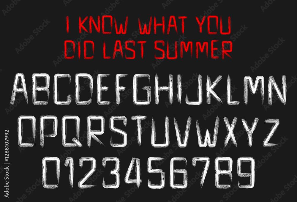 Marker Font Scary Horror with Distressed Grunge Alphabet and Numbers on Dark Background for Spooky Designs and Halloween Themes. Vector illustration.