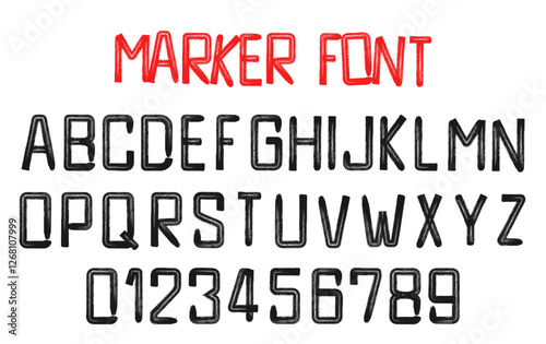 Marker font alphabet with uppercase letters and numbers. Graffiti marker font design. Hand drawn style geometric alphabet and numbers. Vector illustration.