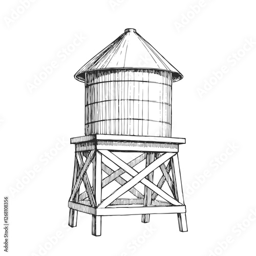 Vector hand-drawn illustration of wooden water tower. Black and white sketch of historical tank house.
