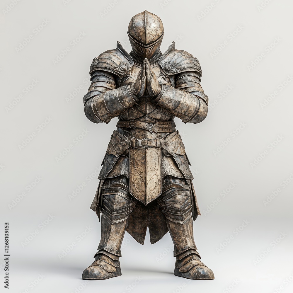 Weathered Stone Knight Statue in Praying Pose Against a Light Gray Background Weathered Stone Knight Statue in Praying Pose Against a Light Gray Background