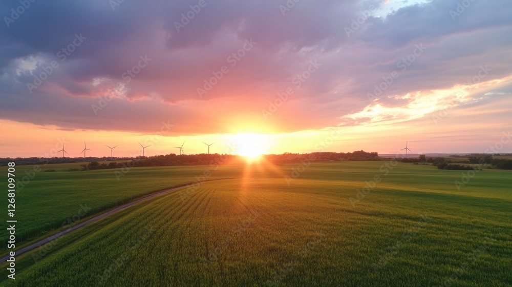 Sun Rays over Green Field at Sunset Sun Rays over Green Field at Sunset