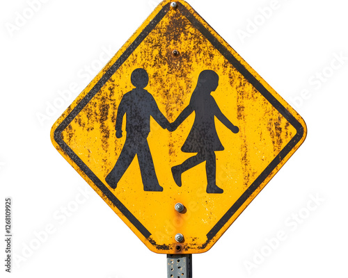 Yellow pedestrian crossing sign with figures of an adult and child, indicating a school zone,