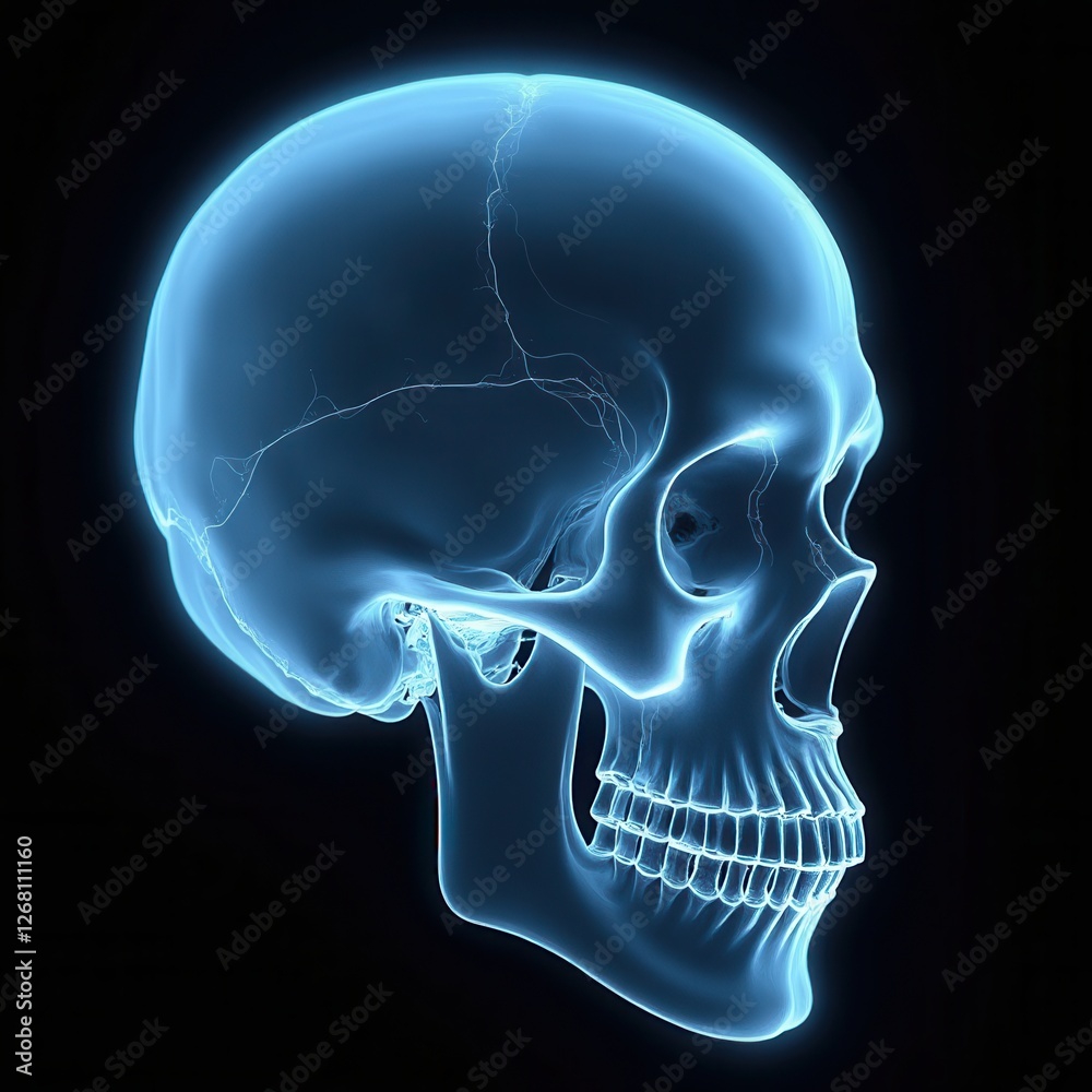 Obraz premium Scientific X-ray View of Human Skull in Blue Light Against Dark Background