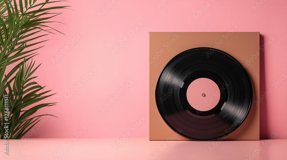 Obraz premium black vintage vinyl record with pink label isolated on pink background