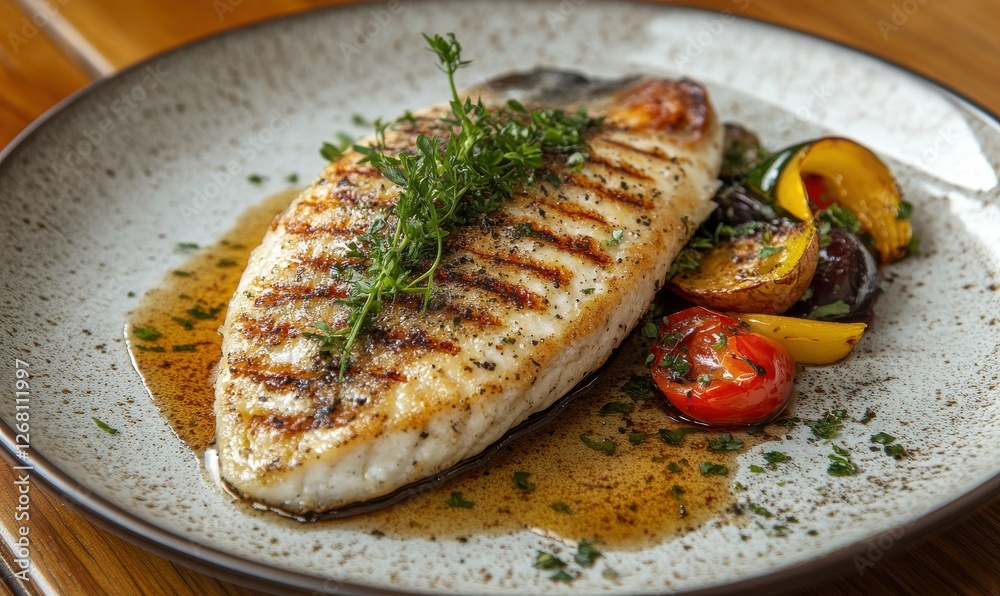 Grilled fish fillet garnished with fresh herbs and served with vibrant vegetables on a wooden table Grilled fish fillet garnished with fresh herbs and served with vibrant vegetables on a wooden table