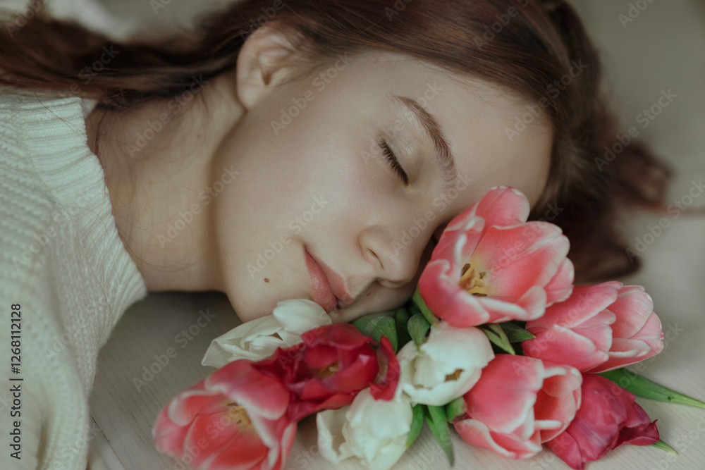 Young beautiful dreaming girl lying with closed eyes on bouquet of pink flowers tulips; idea of spring, youth, freshness, tenderness, beauty, relax; romantic natural light tender lifestyle portrait Young beautiful dreaming girl lying with closed eyes on bouquet of pink flowers tulips; idea of spring, youth, freshness, tenderness, beauty, relax; romantic natural light tender lifestyle portrait