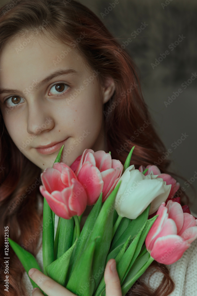 Young pretty girl looking into camera holding bouquet of pink flowers tulips; idea of youth, naturalness, freshness, tenderness, beauty, relax; warm springtime vertical close-up lifestyle portrait Young pretty girl looking into camera holding bouquet of pink flowers tulips; idea of youth, naturalness, freshness, tenderness, beauty, relax; warm springtime vertical close-up lifestyle portrait