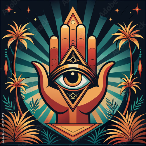 Hand with the all-seeing eye, vector illustration of an abstract background