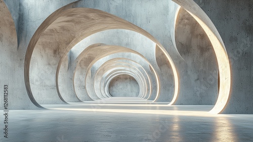 A modern, abstract architectural space with curved walls and soft lighting.