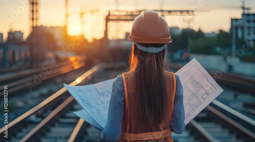 Engineer Reviewing Blueprints at Sunset: A female engineer, wearing a safety helmet and vest, stands on railroad tracks, reviewing blueprints against the backdrop of a vibrant sunset.