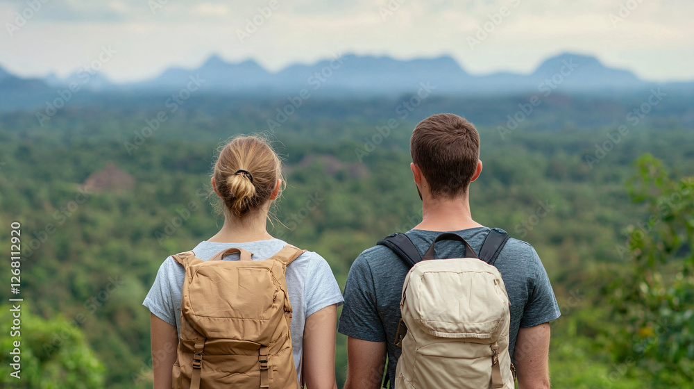 Backpackers Admiring Mountain View on a Green Expedition Backpackers Admiring Mountain View on a Green Expedition Backpackers Admiring Mountain View on a Green Expedition Backpackers Admiring Mountain View on a Green Expedition