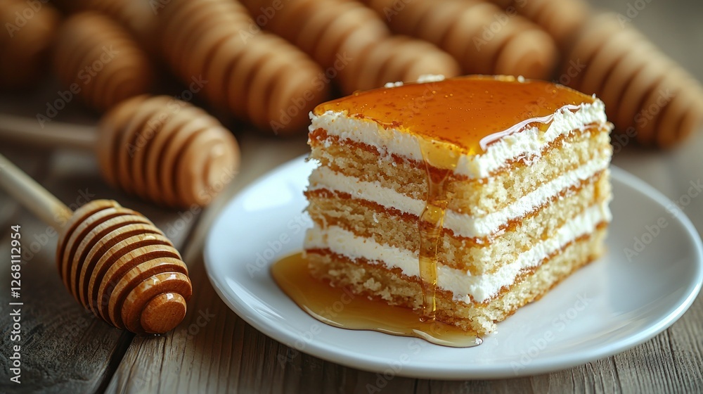 Honey-drizzled cake slice on plate with honey dippers and stacked cakes in the background