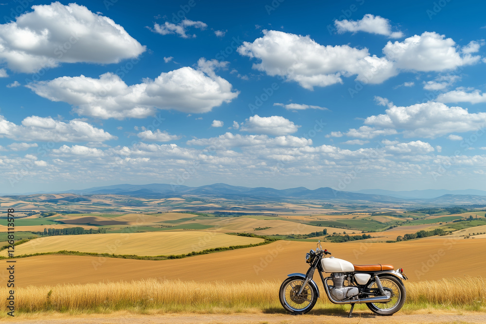Fototapeta premium A beautifully restored vintage motorcycle parked on a dirt road overlooking a breathtaking countryside landscape.