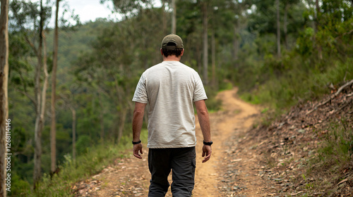 Person Hiking on a Rural Trail in a Forest Landscape Outdoors Exploration Adventure Discovery Path photo