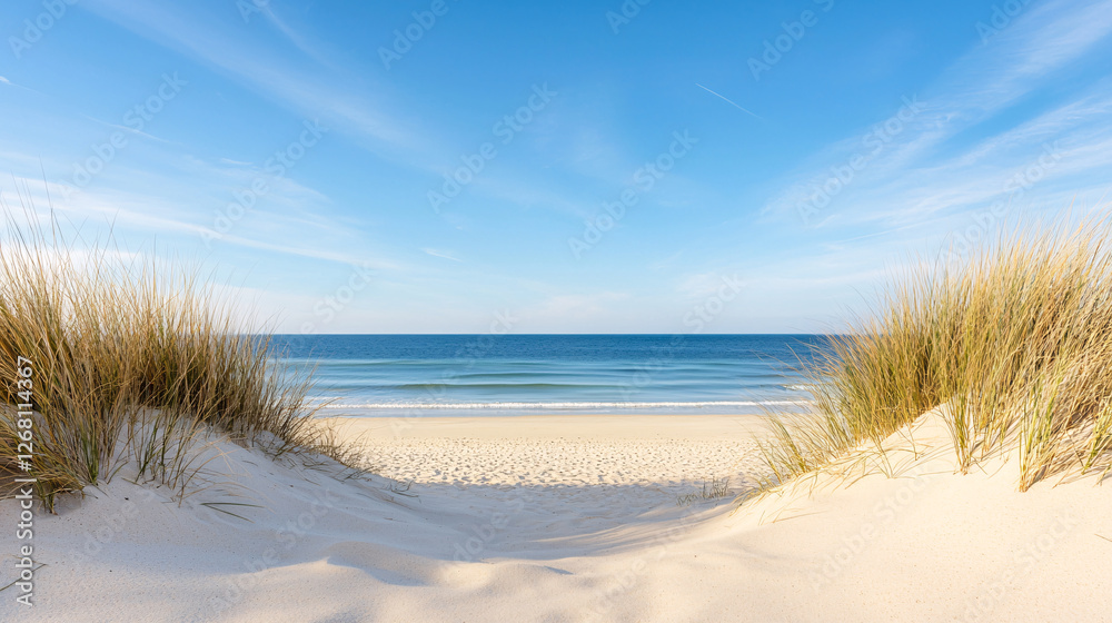 Serene Seashore Tranquility Path Through Dune Grass Under Azure Sky Coastal Horizon Splendor Serene Seashore Tranquility Path Through Dune Grass Under Azure Sky Coastal Horizon Splendor