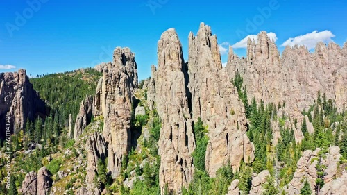 Black Hills mountains and The Needles rock formation, in Custer State Park, South Dakota with slow pull back camera motion