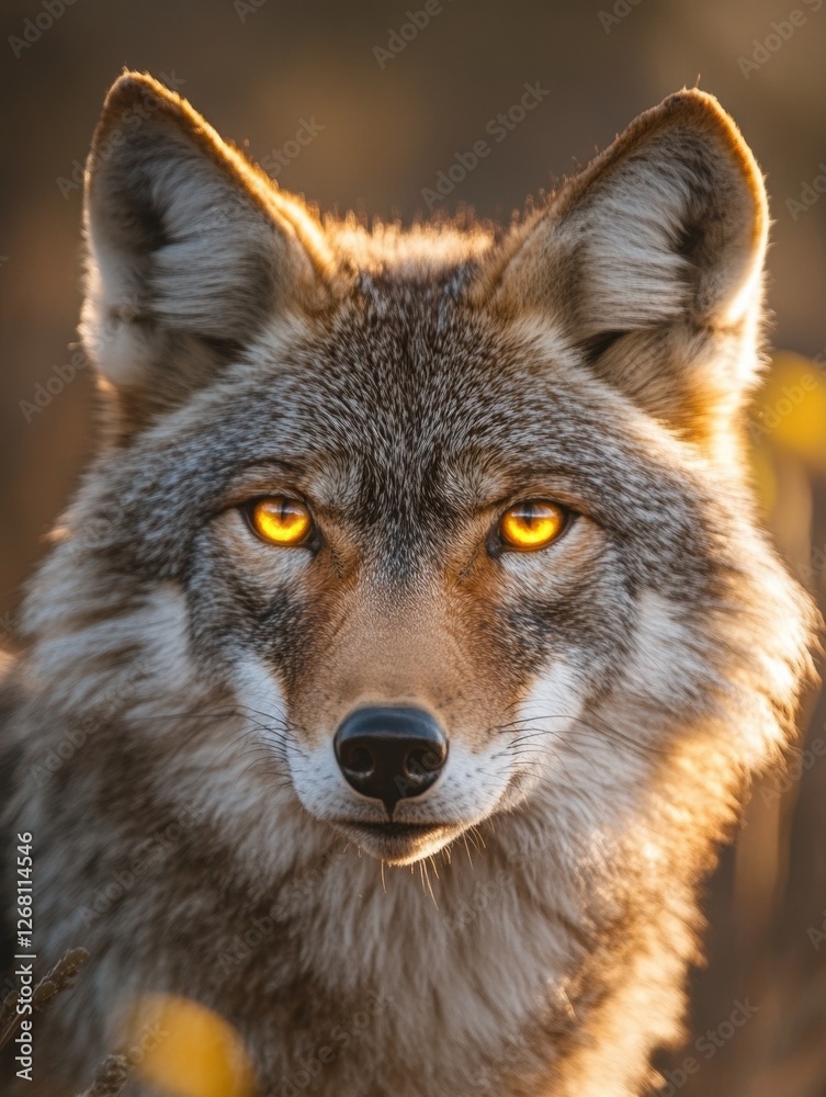 Beautiful close up of a wild coyote showing striking golden eyes in a natural habitat during golden hour. Generative AI Beautiful close up of a wild coyote showing striking golden eyes in a natural habitat during golden hour. Generative AI