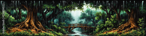 Enchanting Rainforest Scene: Vibrant Greenery, Majestic Trees, Serene Wooden Bridge, and Raindrops in a Mystic Natural Landscape Vector Art