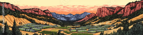 Stunning Vector Illustration of Greenhouses Nestled in a Picturesque Mountain Landscape at Sunset with Vibrant Red Cliffs and Lush Evergreen Forests