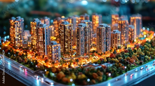 Illuminated miniature city model at night, showing urban development and traffic photo