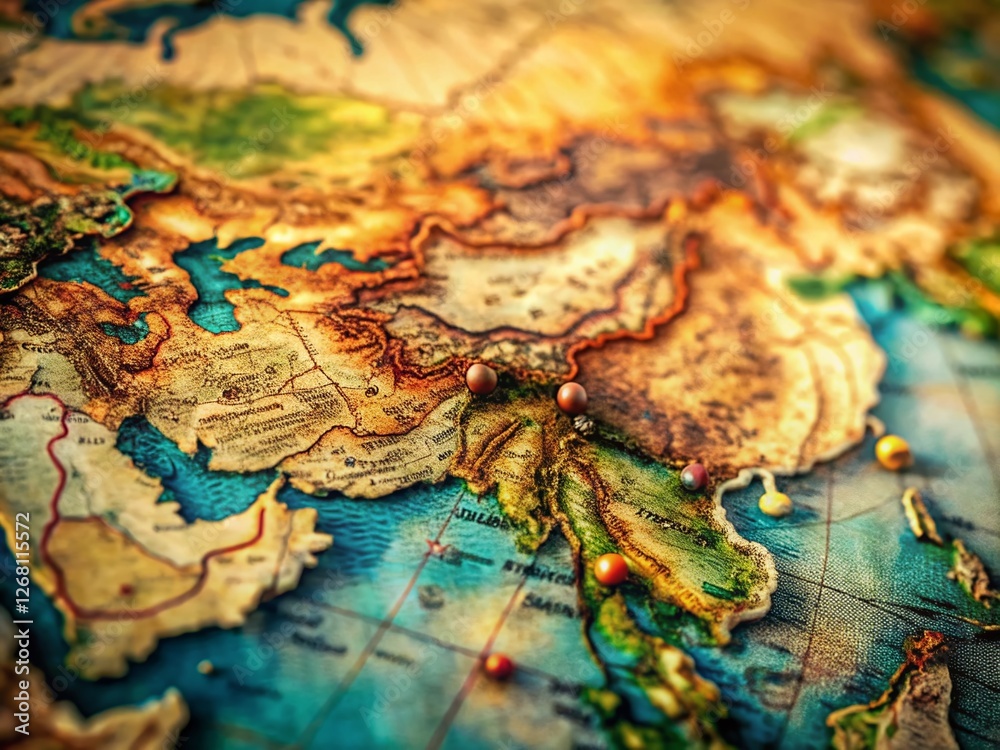 Fototapeta premium 19th Century Asia Map: Tilt-Shift Miniature World