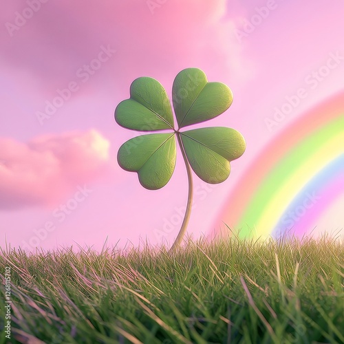 Lucky four-leaf clover, rainbow sky, grass