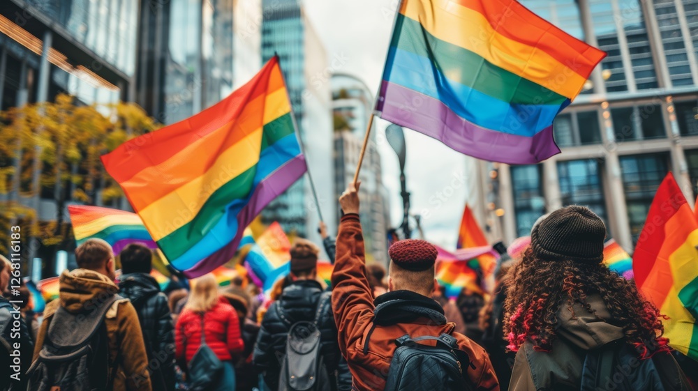 Silhouettes of People Holding Gay Pride Symbol FLag Silhouettes of People Holding Gay Pride Symbol FLag