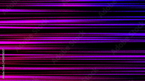 Fluorescent glow striped abstract background. Grainy noise texture. Horizontal stripes with ultraviolet purple blue magenta neon pink gradient on black backdrop. Vibrant rays of light. Dark wallpaper