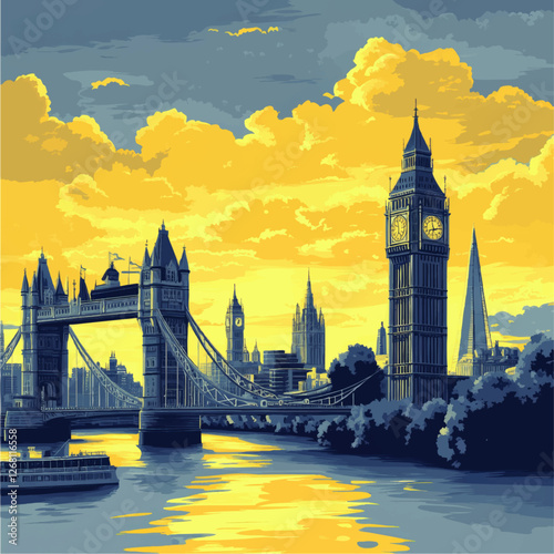 Iconic London Skyline Vector Art Featuring Big Ben Tower Bridge and The Shard at Sunset with Dramatic Clouds and River Thames Reflections in Vibrant Colors