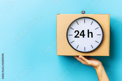 24-Hour Delivery: A hand gently holds a cardboard box with a clock displaying 