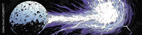Vector Art of Asteroid Impact: Cosmic Collision with Explosive Energy, Celestial Power, and Mystical Space Elements in Blue and White Visual Aesthetic