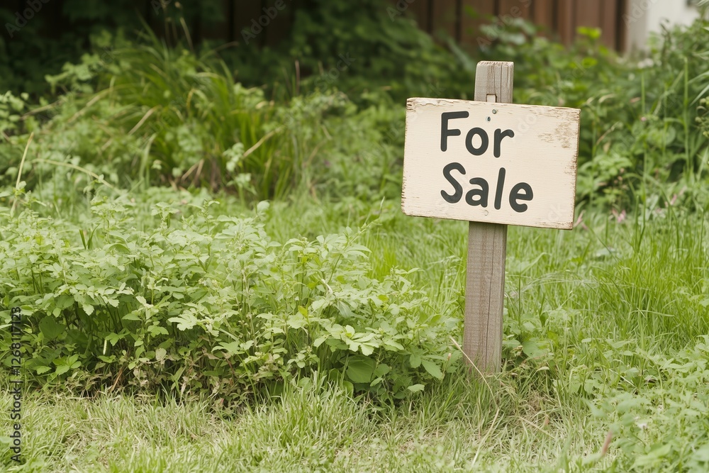 A simple wooden “For Sale” sign stands in a lush, overgrown grassy area, indicating land available for purchase. A simple wooden “For Sale” sign stands in a lush, overgrown grassy area, indicating land available for purchase.